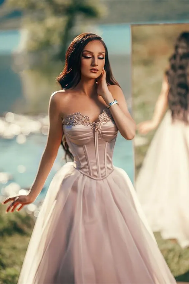Miabel Elegant Dusty Pink Sleeveless Strapless Long Prom Dress With Appliques Miabel Elegant Dusty Pink Sleeveless Strapless Long Prom Dress With Appliques