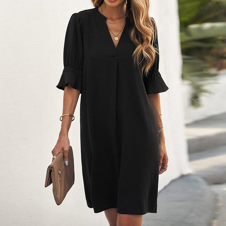 Basic Black V-Neck Short Sleeve Mini Dress