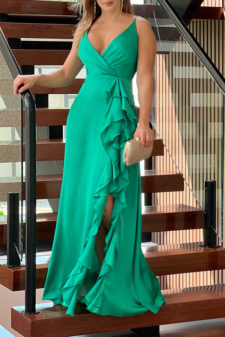 Fashion Solid Flounce Spaghetti Strap Waist Skirt Dresses