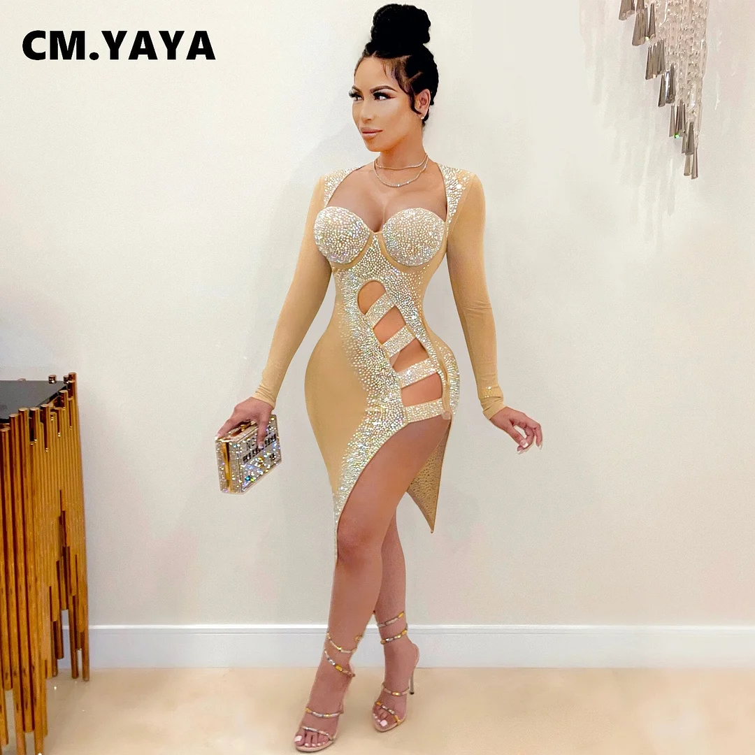CM.YAYA Women Hot Rhinestone Mesh See Though Bodycon Dress Sexy Night Party Clubplunging Neck Lace Up Side Slit Midi Dresses