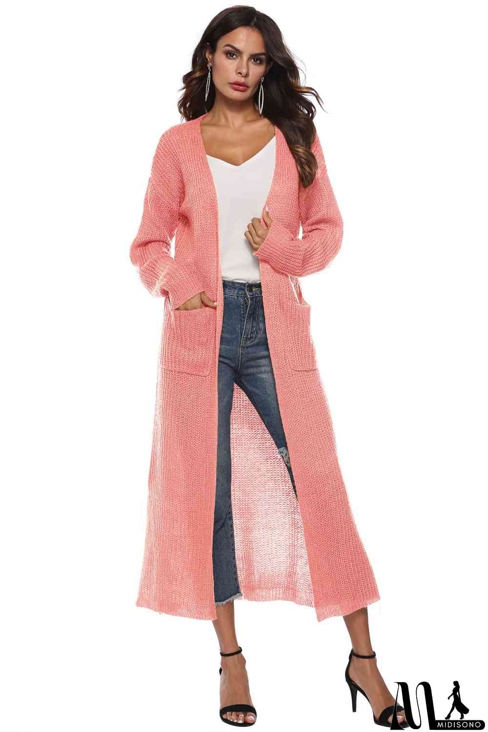 MidiSono - Long Sleeve Open Front Buttoned Cardigan