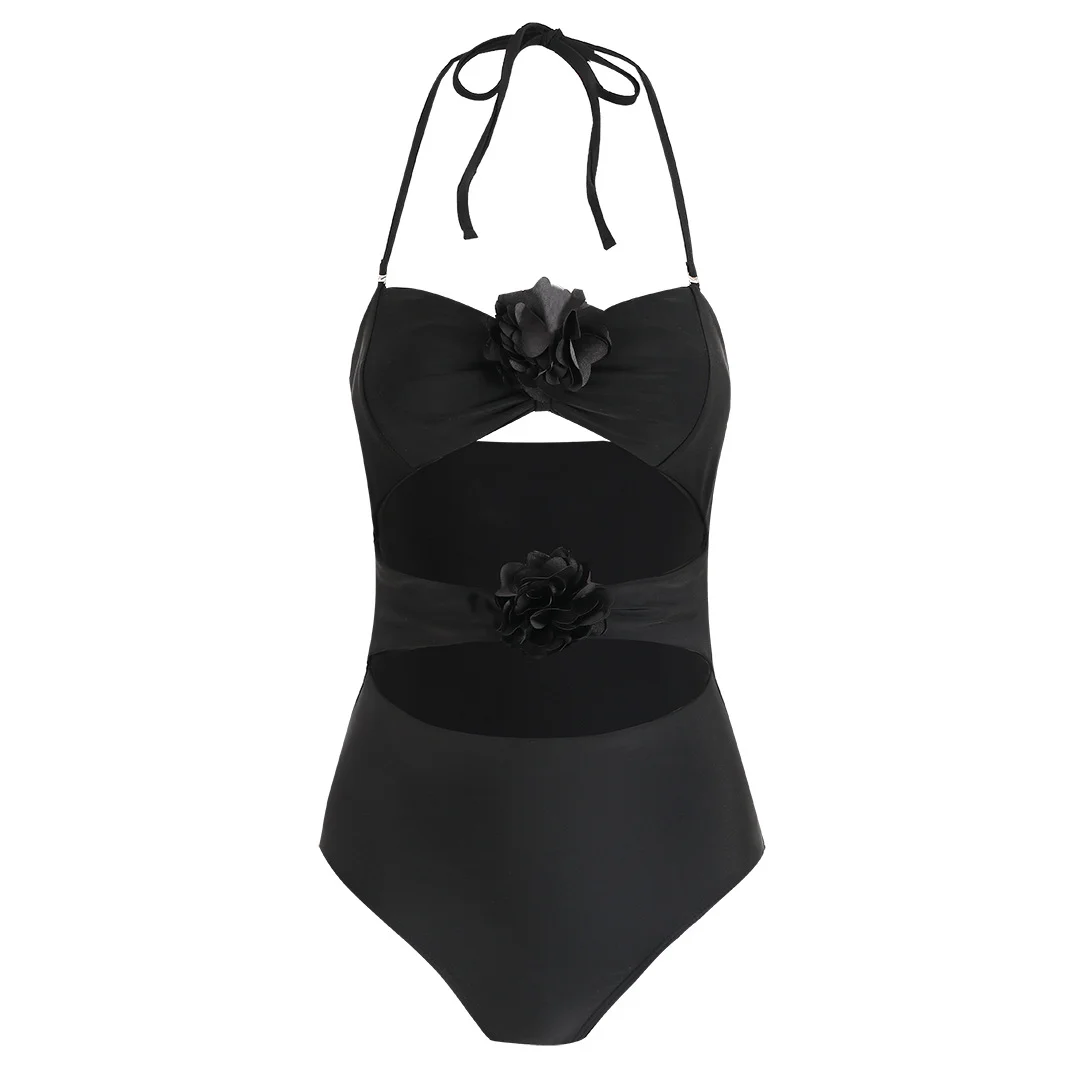 Brownm Pure Black One-Piece Swimsuit Women 2025 New Half-Body Dress Two-Piece Swimsuit Swimsuit