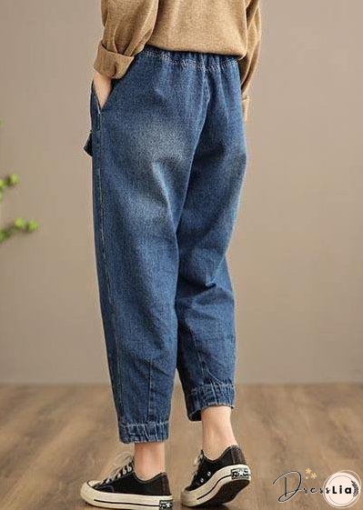 Handmade Spring Casual Pants Oversize Denim Blue-little flower Photography Elastic Waist Trousers