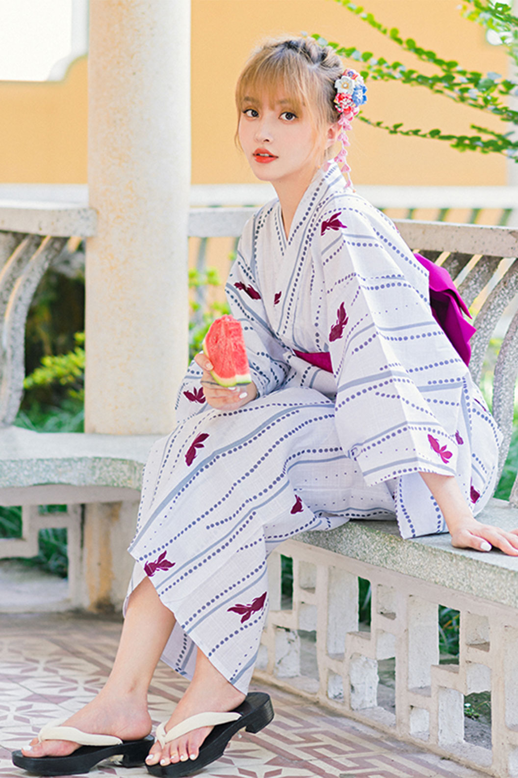 Yukata Kimono with White Robe and Purple Goldfish - なつまつり Stupa Stones