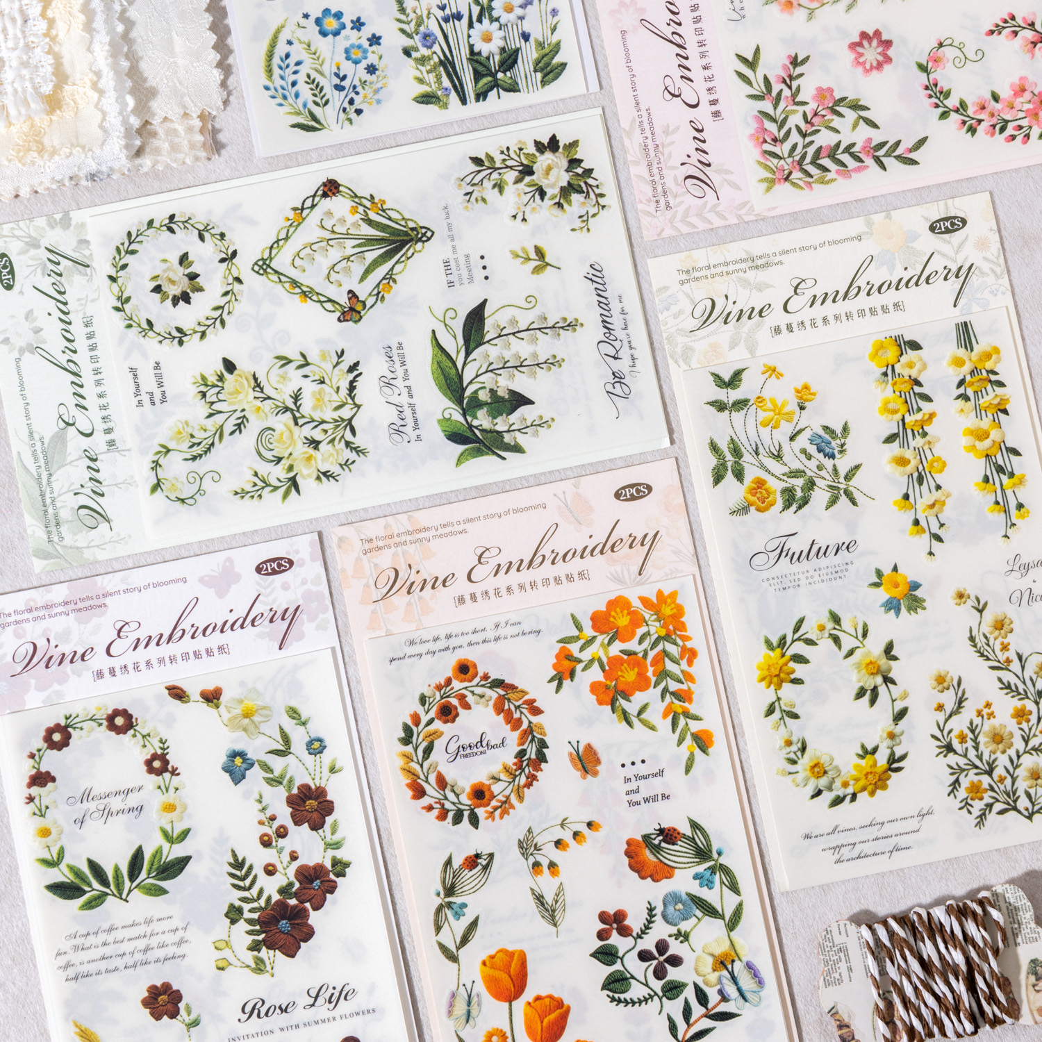 PVC 전사 스티커 - 덩굴 자수 시리즈 빈티지 식물 꽃