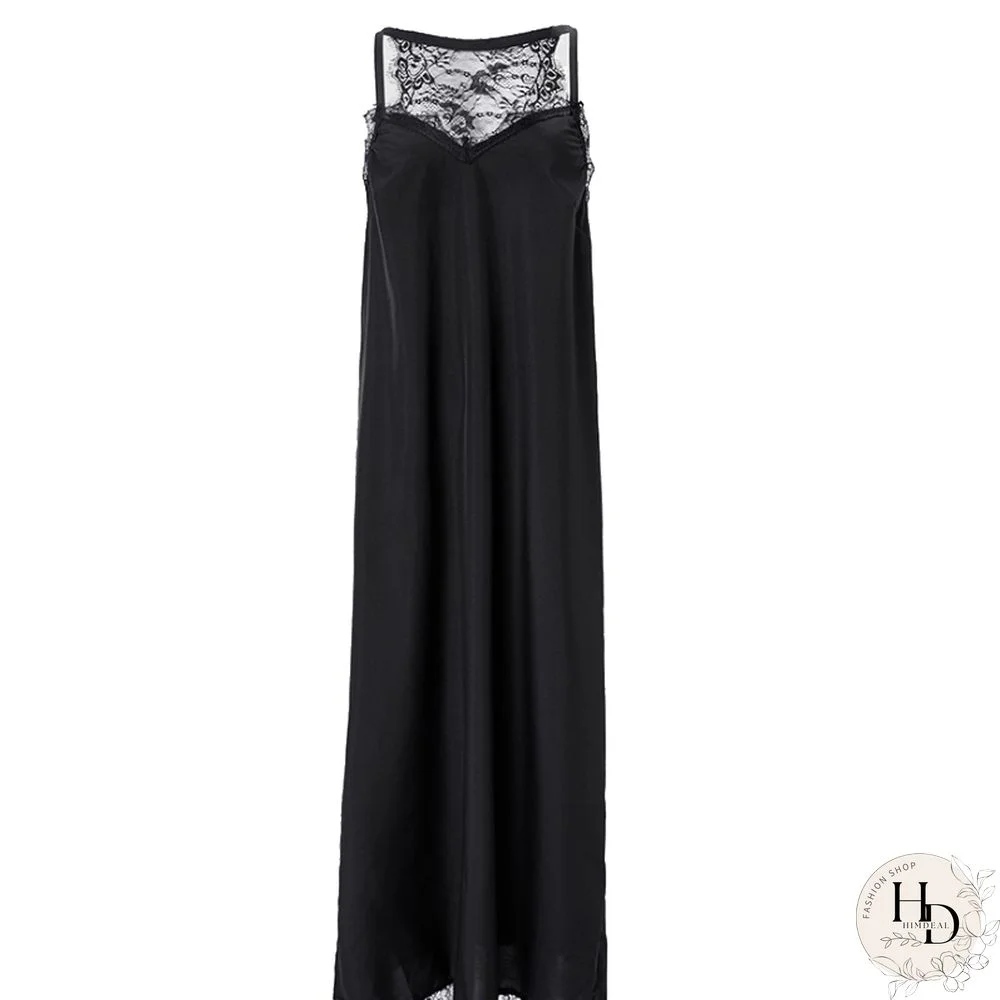 Women New Lace Backless Sling Long Dress Casual Harajuku Solid COlor Loose Slit Dress Sexy Lace Hem Patchwork Nightdress Vestido
