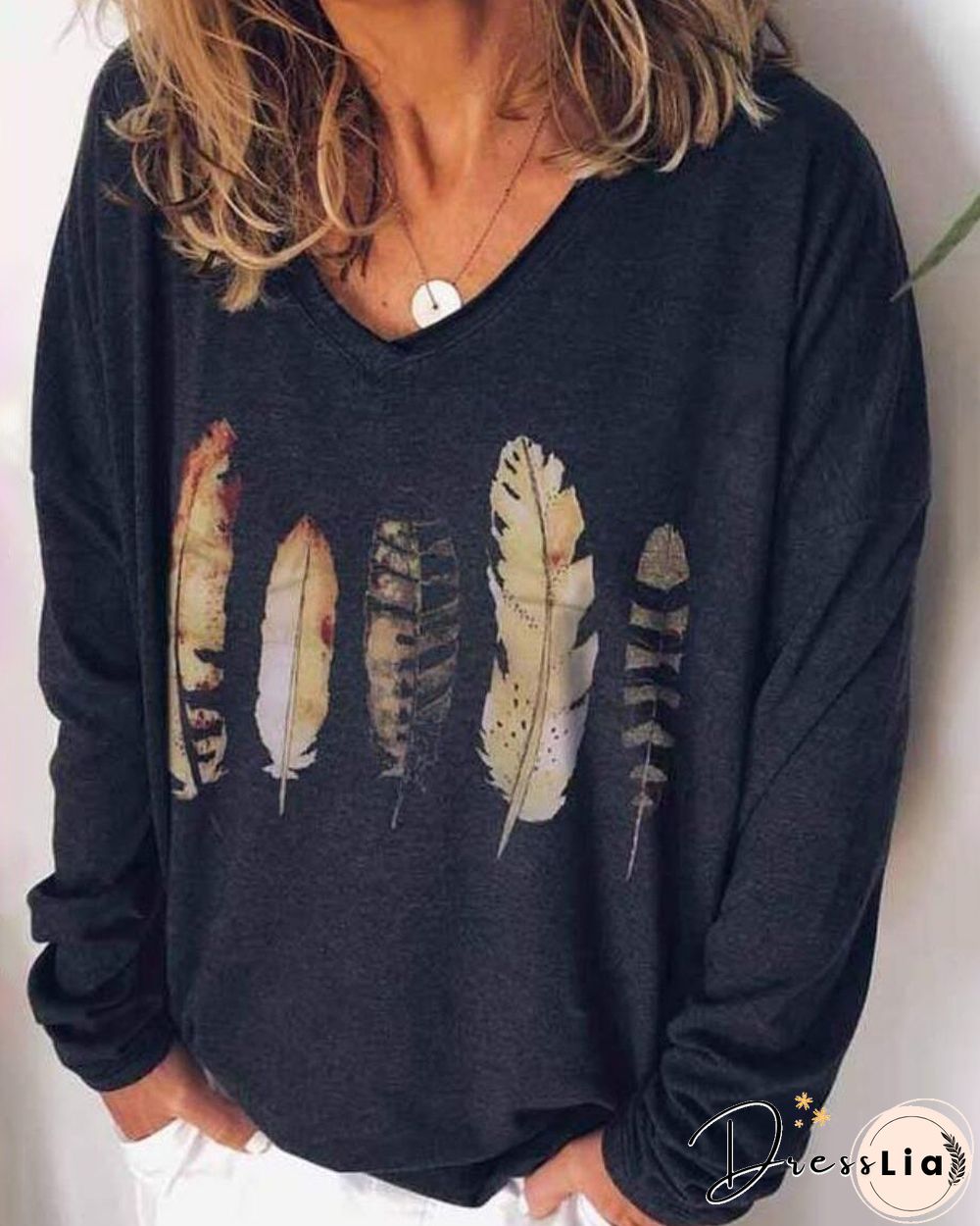V Neck Feather Printed  Fall Women Casual Printed Shirt &Tops