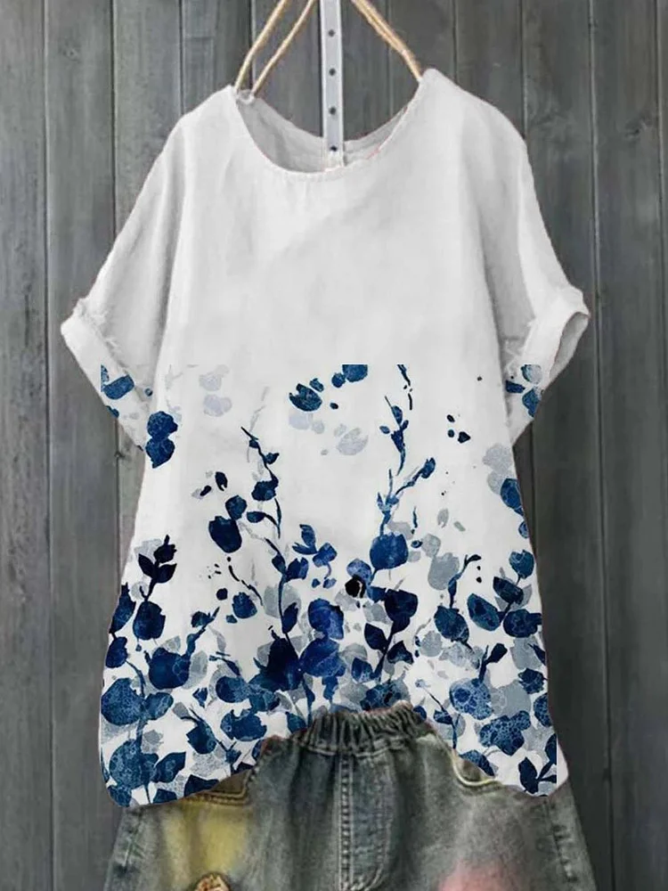 Floral Printed Cotton-Blend Short Sleeve Shirts & Tops
