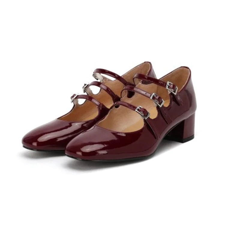 Handmade Patent Leather Mary Jane Pumps 40mm Triple-strap Block Heel