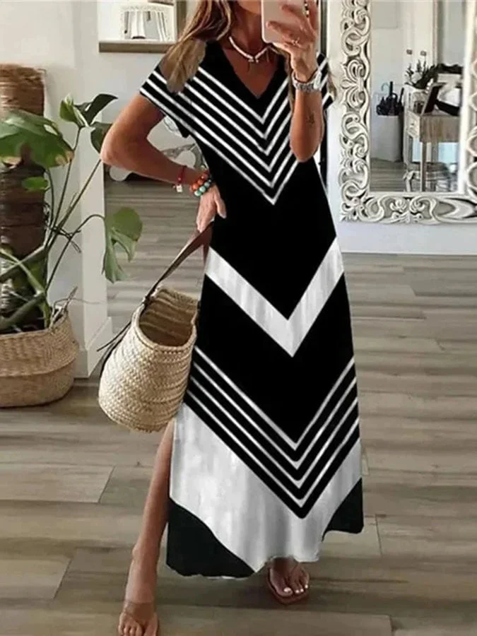 Women's Casual V-Neck Short Sleeve Color Block Dress
