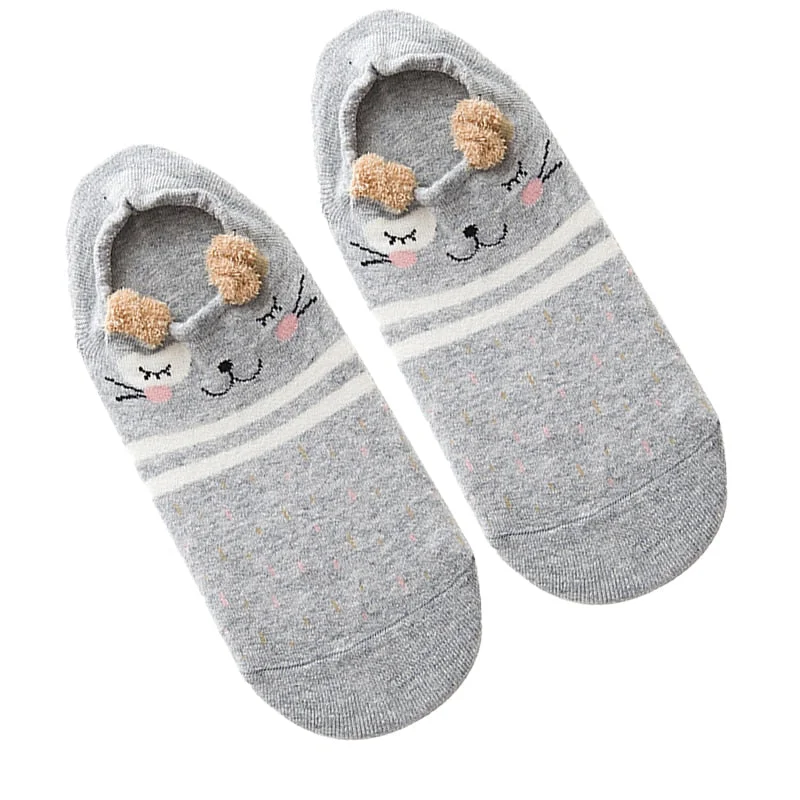1 Pair Women Socks Cartoon Kawaii Cute Japanese Slippers Korean Style 3D Ear Boat Short Sock Cotton Cat Animal Female Sox