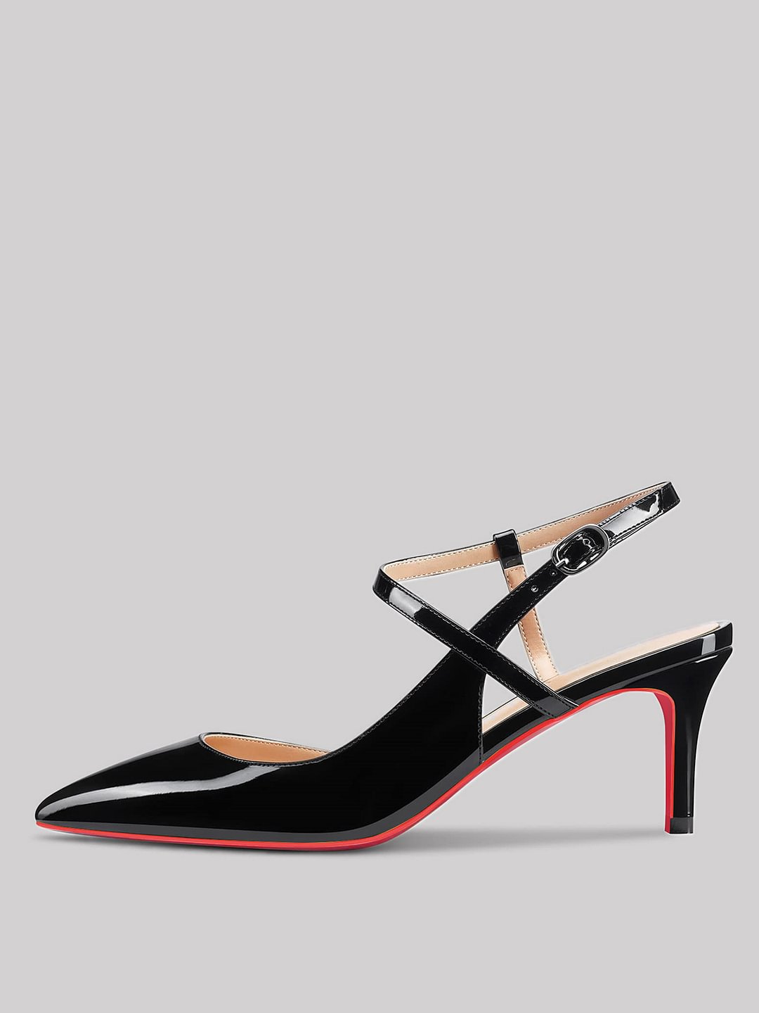 65mm Women Slingback Pumps Ankle Strap Jenlove Stiletto Mid Heel Close Pointed Toe Dress Red Soles Shoes