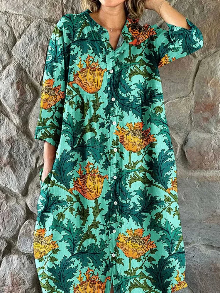 Women's Floral Art Print Elegant Simple Cotton Shirt Dress