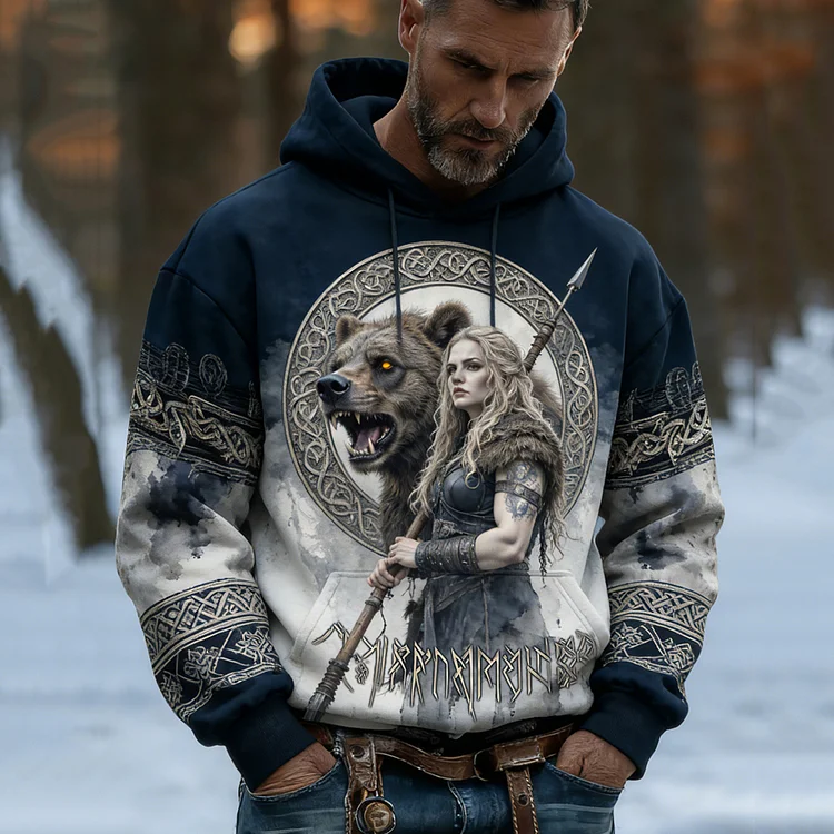 Men's Retro Viking Warrior Lagertha Art Pattern Casual Hoodie