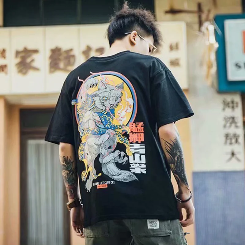 Men's short-sleeved 2021 spring and summer new European and American original trendy brand hip-hop loose and fierce printed T-shirt Techwear Shop