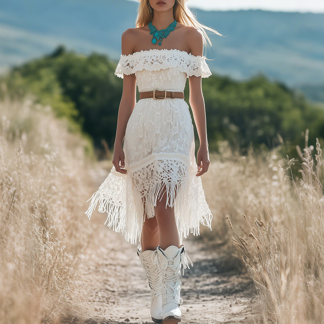 French Elegant One-shoulder White Lace Tassel Midi Dress