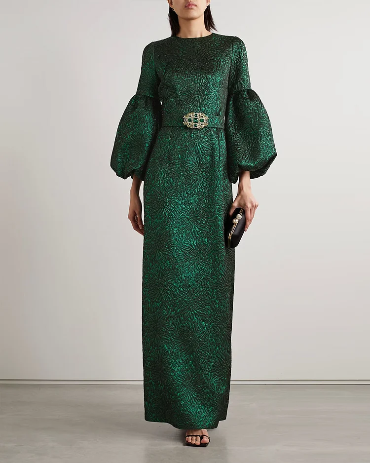 Belted metallic cloqué gown
