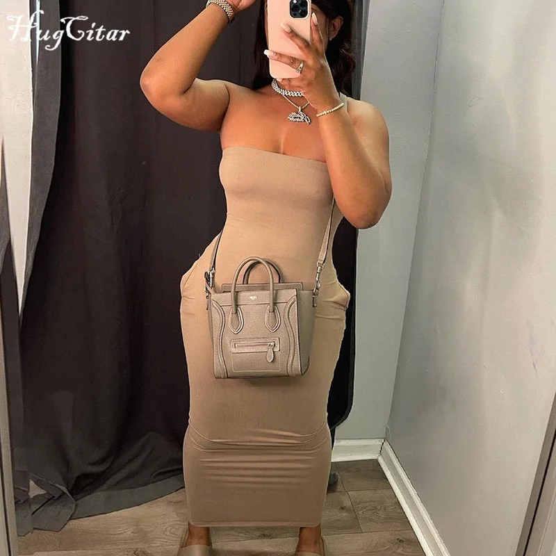 Hugcitar 2021 Sleeveless Slash Neck Strapless Solid Bodycon Maxi Dress Summer Sexy Women Streetwear Y2K Party Club