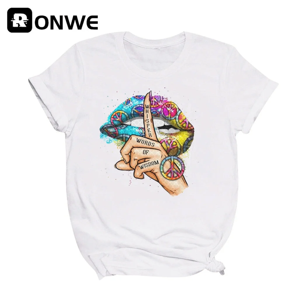 Women Lips Watercolor Graphic T Shirt Girl Base O-neck Sexy Black Tees Kiss Lip Funny Whisper Words Girls Tshirt,Drop Ship