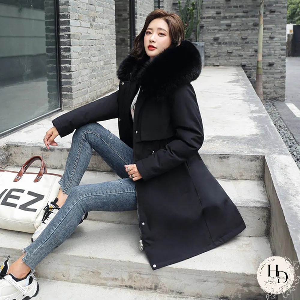 New cotton liner parker parka fashion adjustable waist fur collar winter jacket women