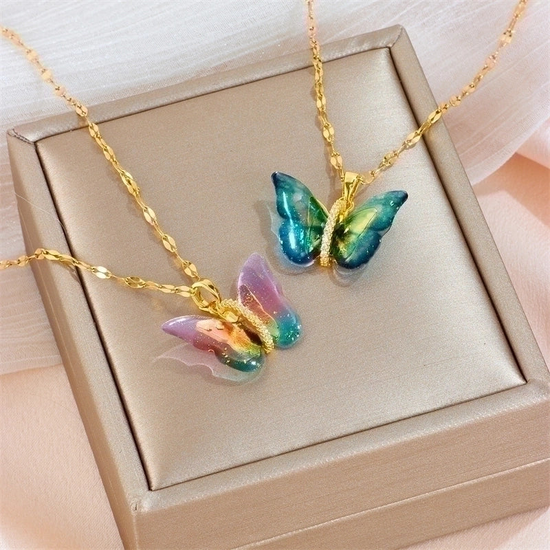 Sweet Butterfly Titanium Steel Inlay Artificial Gemstones Pendant Necklace