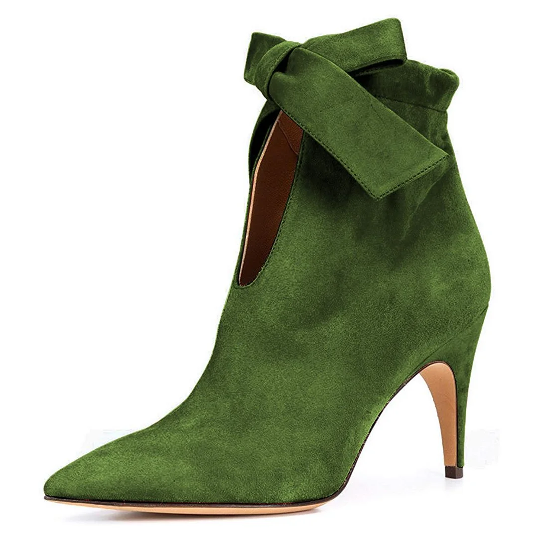 Full Color Suede Pointed Toe Ankle Boots Bow Decor Kitten Heel Boots Nicepairs