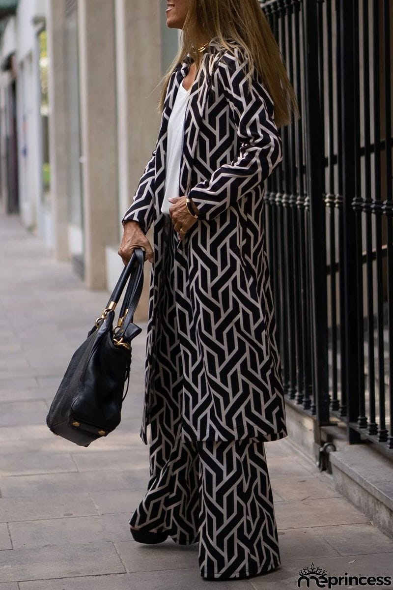 Elegant Geometric Print Sequins Printing Cardigan Collar Long Sleeve Two Pieces