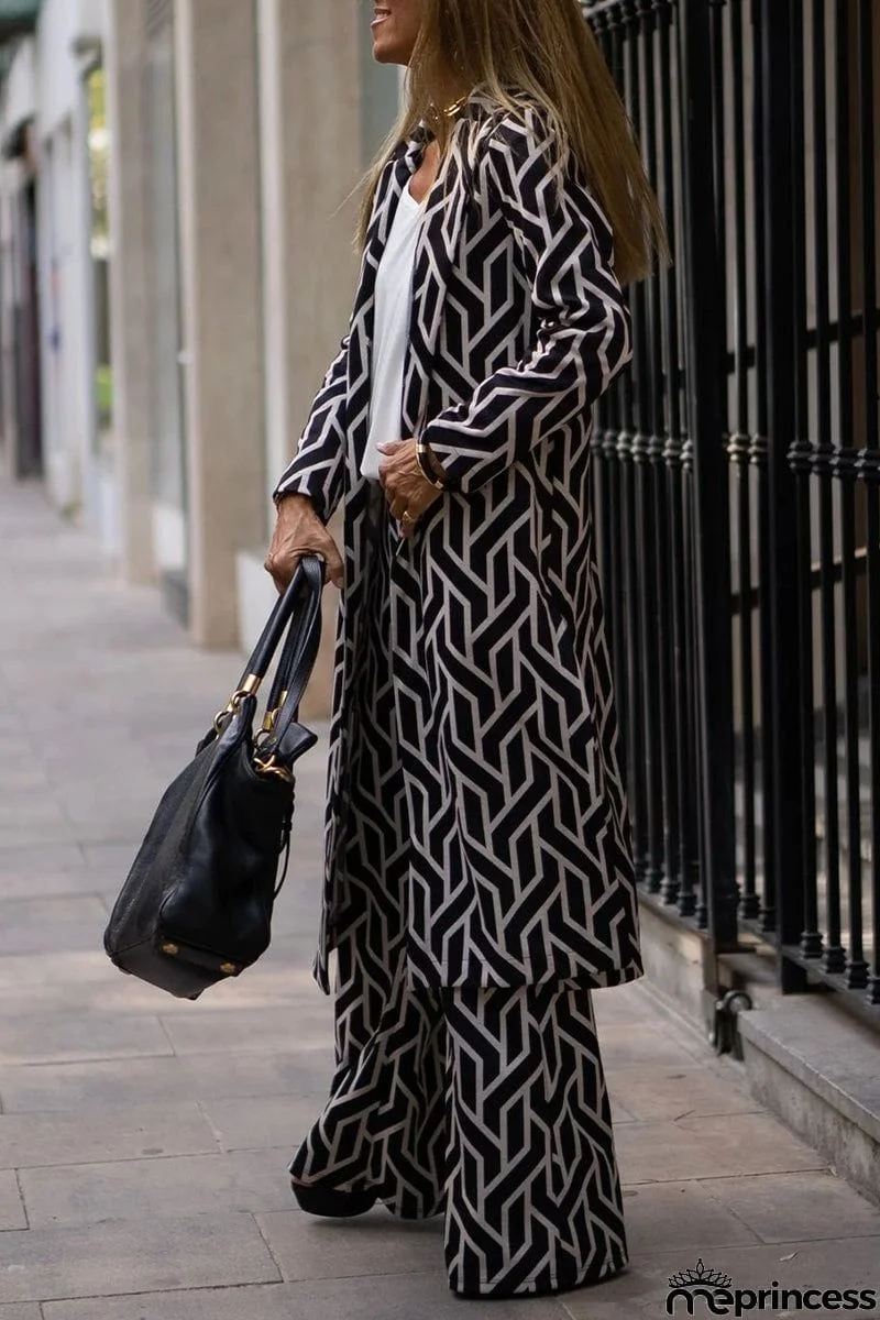 Elegant Geometric Print Sequins Printing Cardigan Collar Long Sleeve Two Pieces