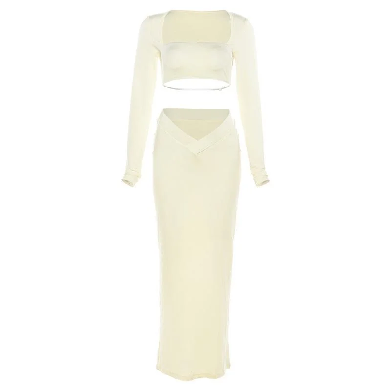 Uveng Uveng New Women's Fashion Square Collar Cord T-Shirt Slim Low Purse Hip Skirt Suit