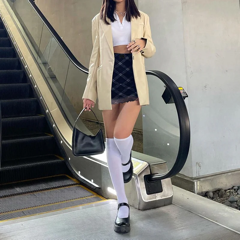 Toloer Toloer Hot Girl Black And White Grid Gauze Double Wooden Ear Small Skirt Black Bow Decoration Splicing Skirt-Outfit Ideas