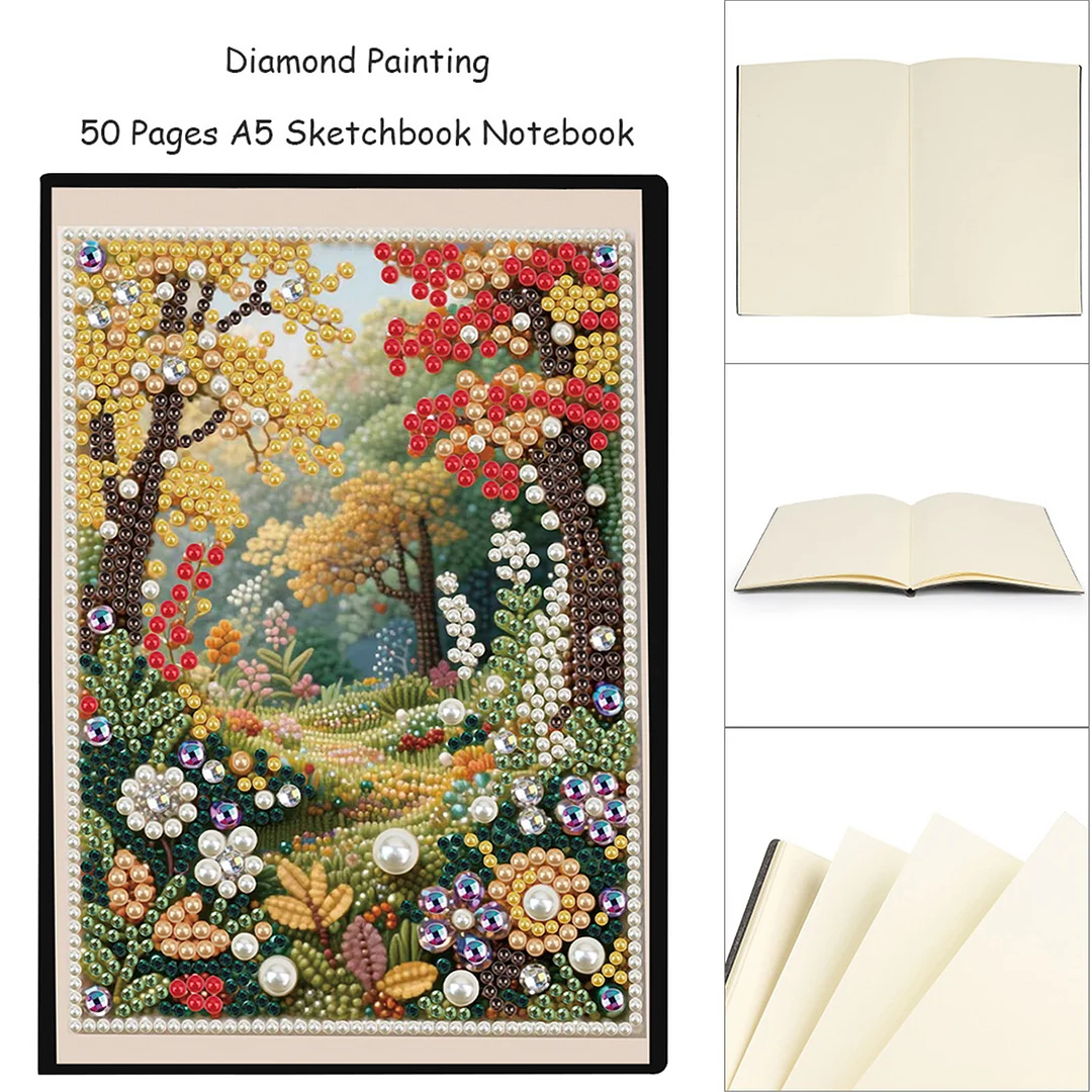 Autumn Forest Partial Pearl DIY 50 Pages A5 Diamond Painting Notebook Special Shaped Diamond Art Diary Book Kits Wireless Strip 5D Crystal Art Paintings Sketchbook for Art Drawing