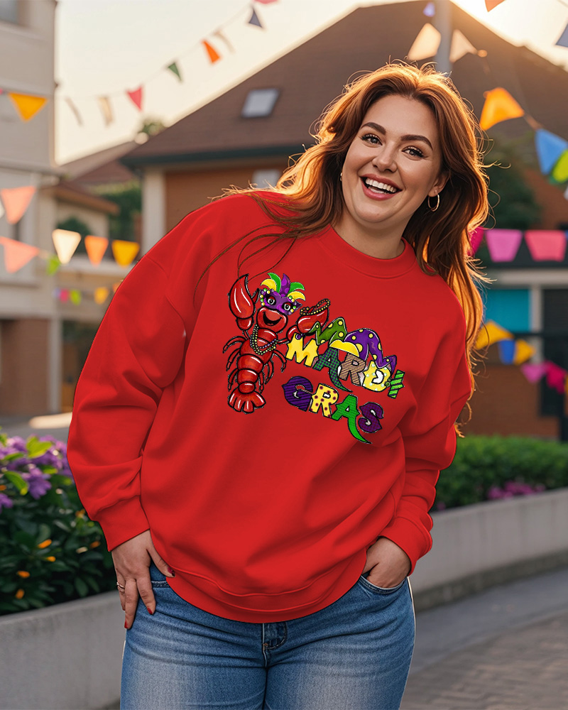 Women's Plus Size Mardi Gras Letter Print Long Sleeve Crewneck Sweatshirt