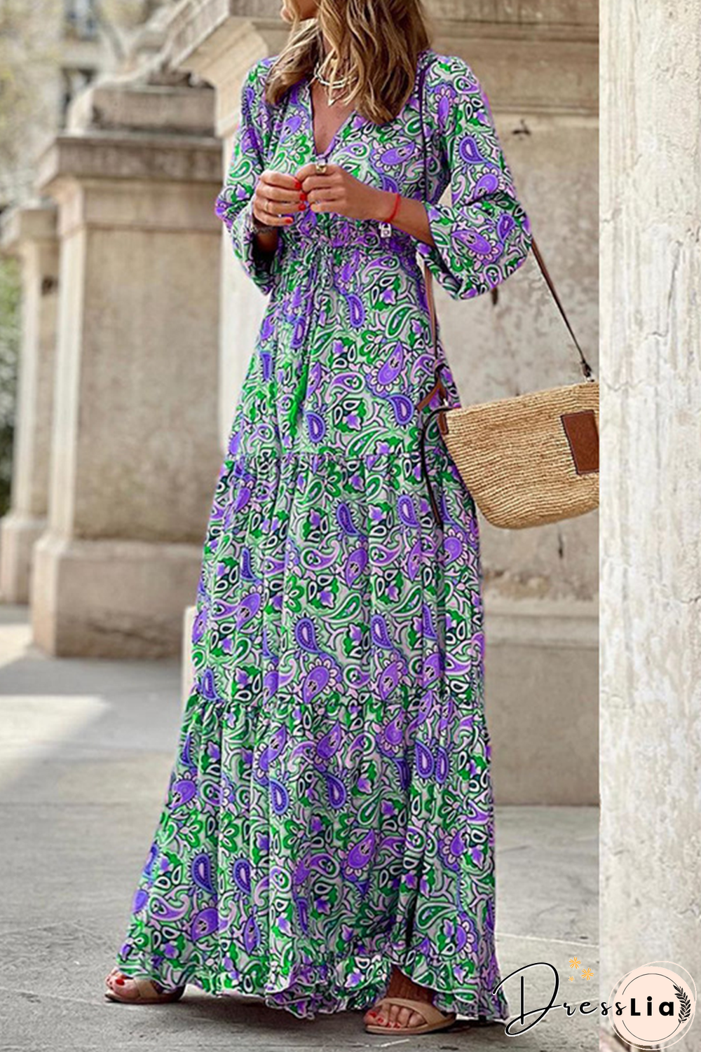 Casual Print Patchwork V Neck Cake Skirt Dresses