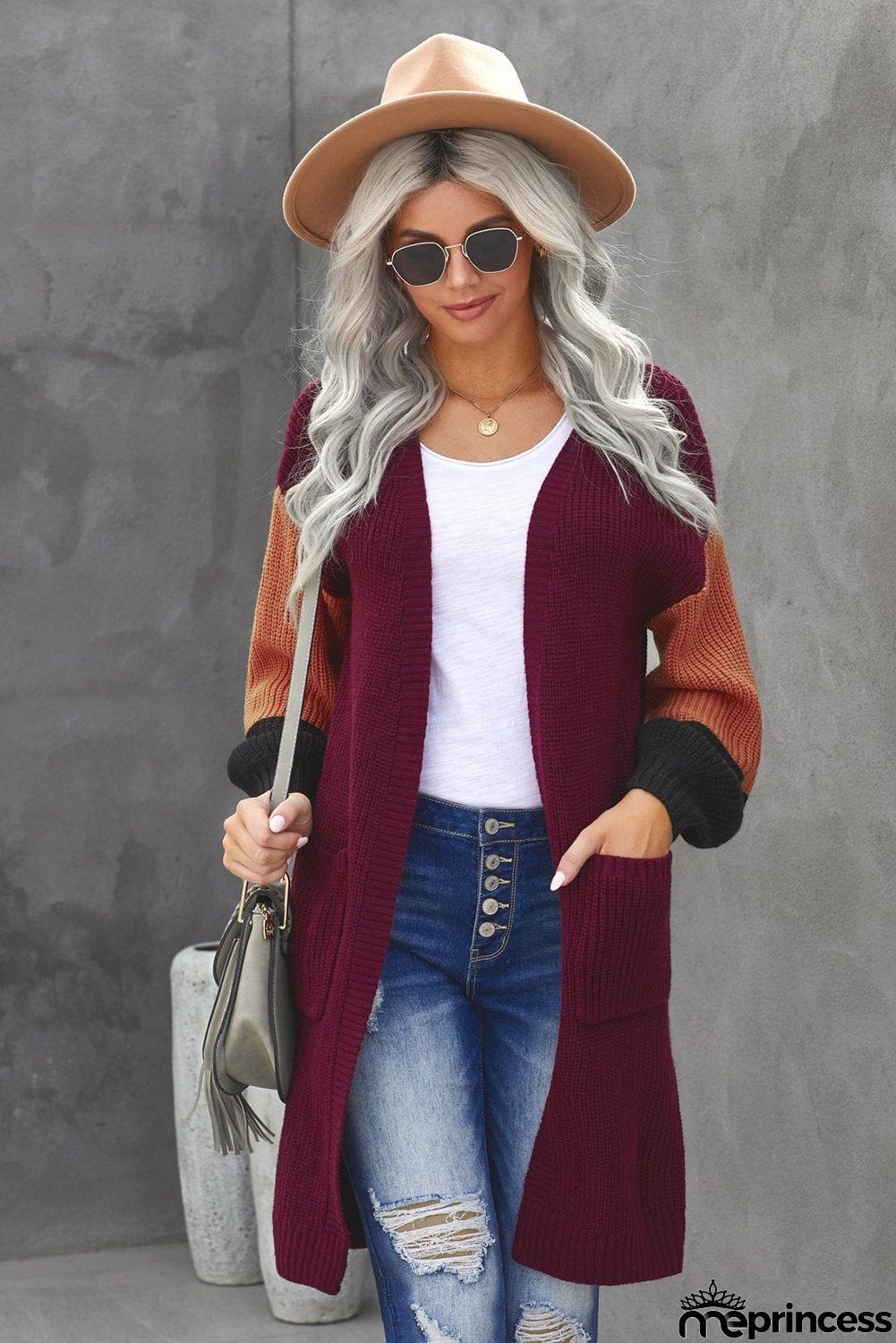 Women's Red Cotton-blend Pocketed Colorblock Cardigan