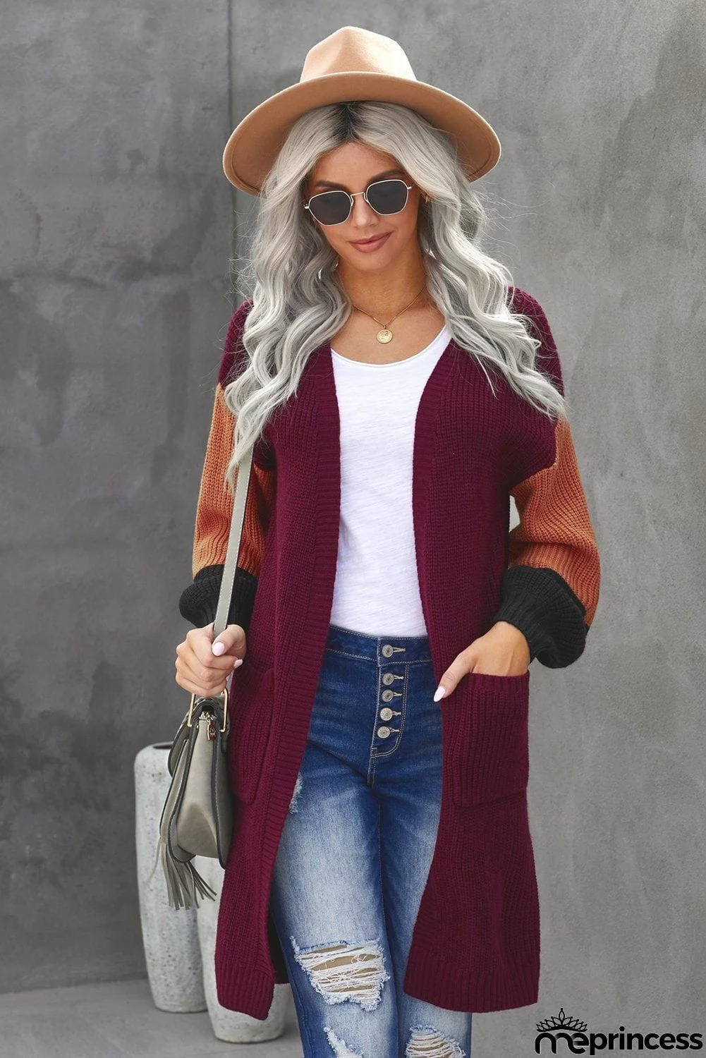 Women's Red Cotton-blend Pocketed Colorblock Cardigan