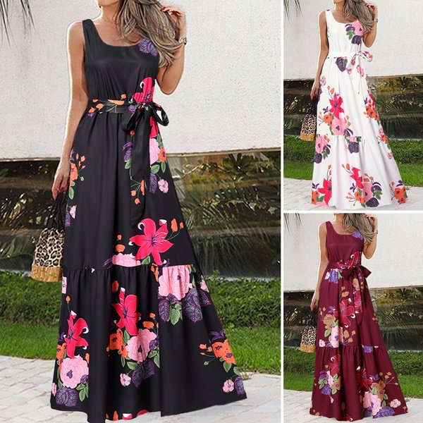 Summer Women Sleeveless Long Dress Floral Print Bohemian Holiday Party Elegant Casual Swing Maxi Dress Plus Size - Life is Beautiful for You - SheChoic