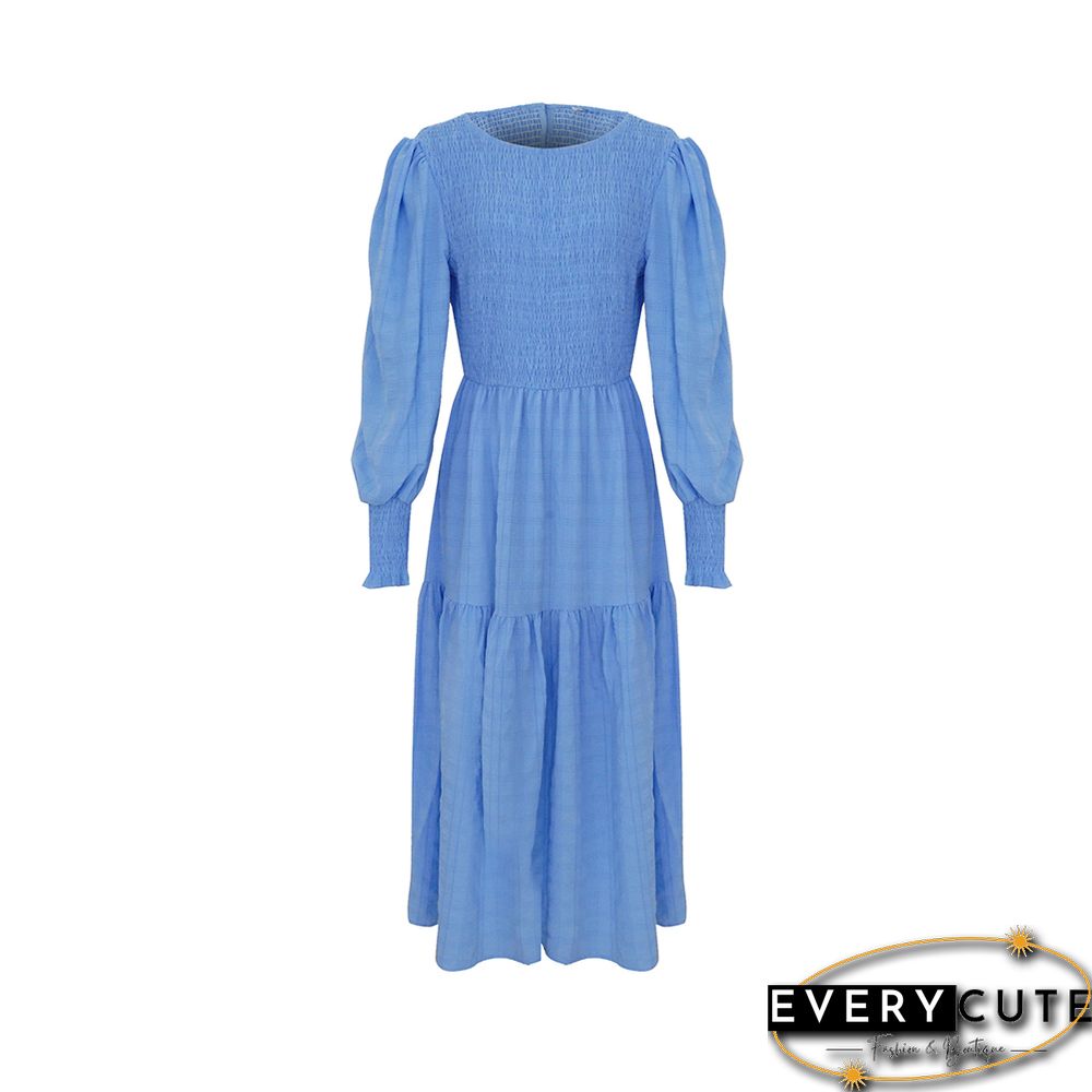Light Blue Puff Sleeve Pleated Swing Long Dress