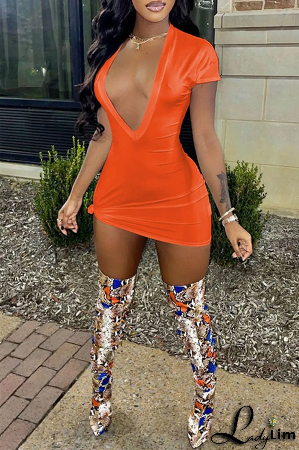 Black Sexy Casual Solid Basic V Neck Short Sleeve Dress Dresses