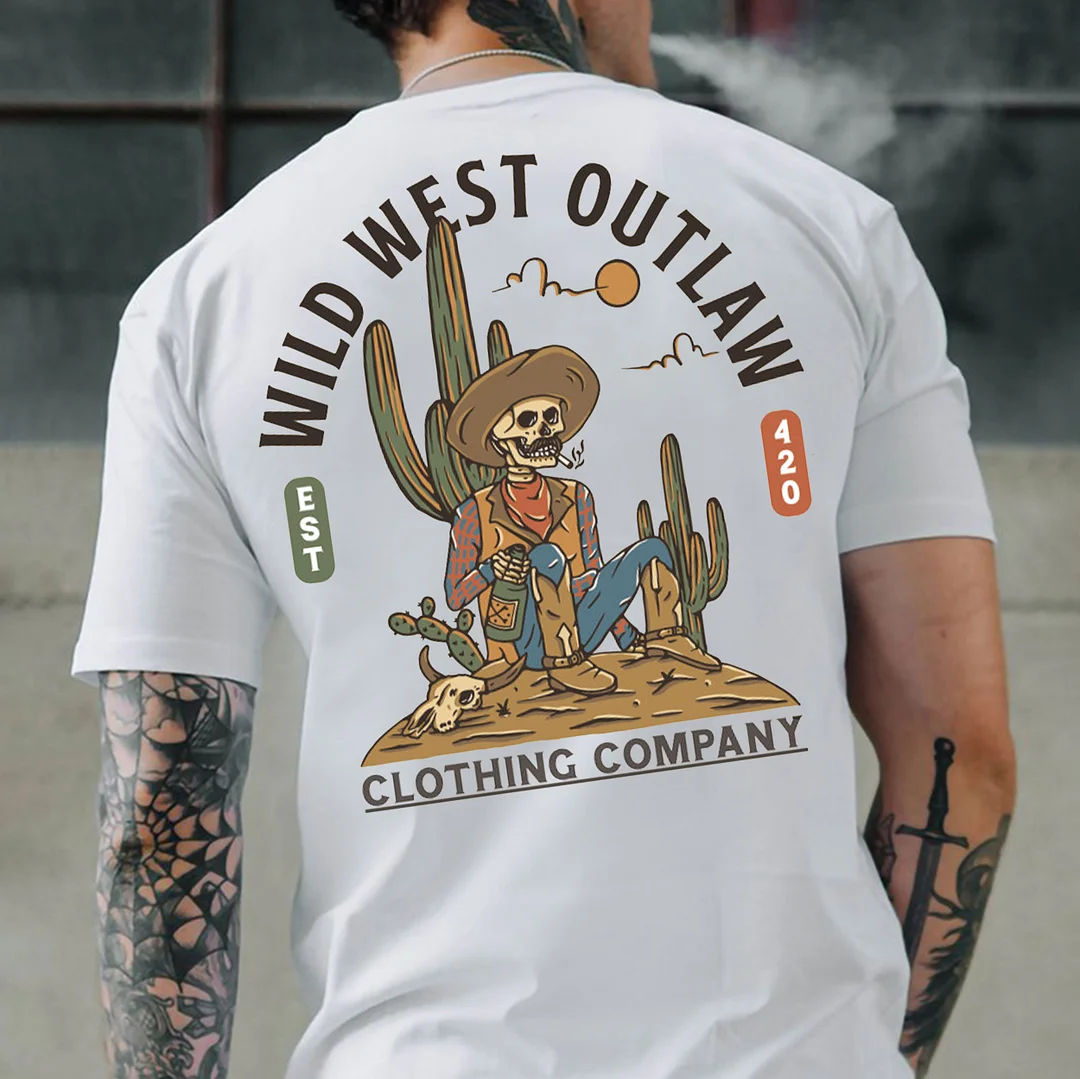 WILD WEST OUTLAW Skull in the Desert White Print T-Shirt