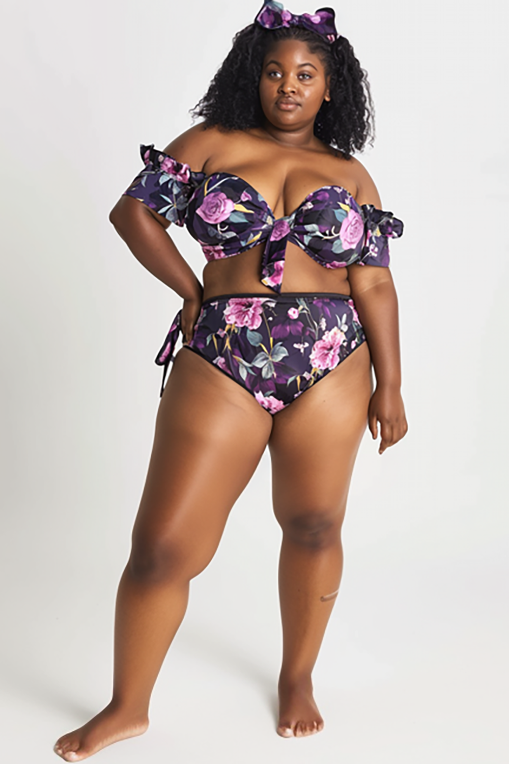 Design Plus Size Beach Lavender Floral Off The Shoulder Short Sleeve Bow Tie Swimsuit Fabric Two Pieces Swimsuit [Pre-Order]