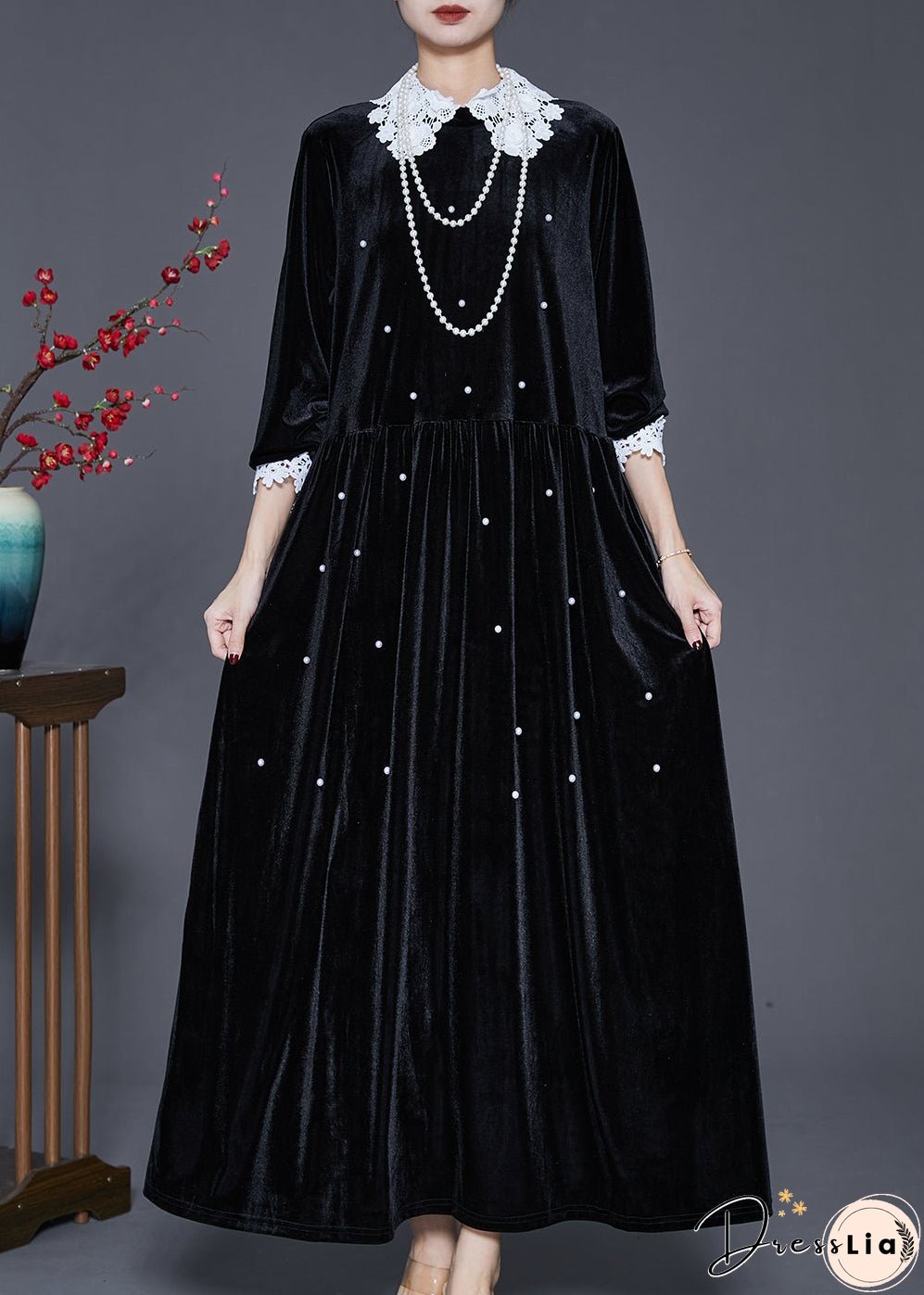 Loose Black Lace Patchwork Nail Bead Silk Velvet Long Dresses Spring