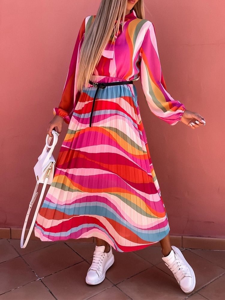 Fashion Colorful Print Long Dress Women Elegant O-Neck Lace-Up Pleated Party Dresses Casual Office Lady Commute Dress Mujers