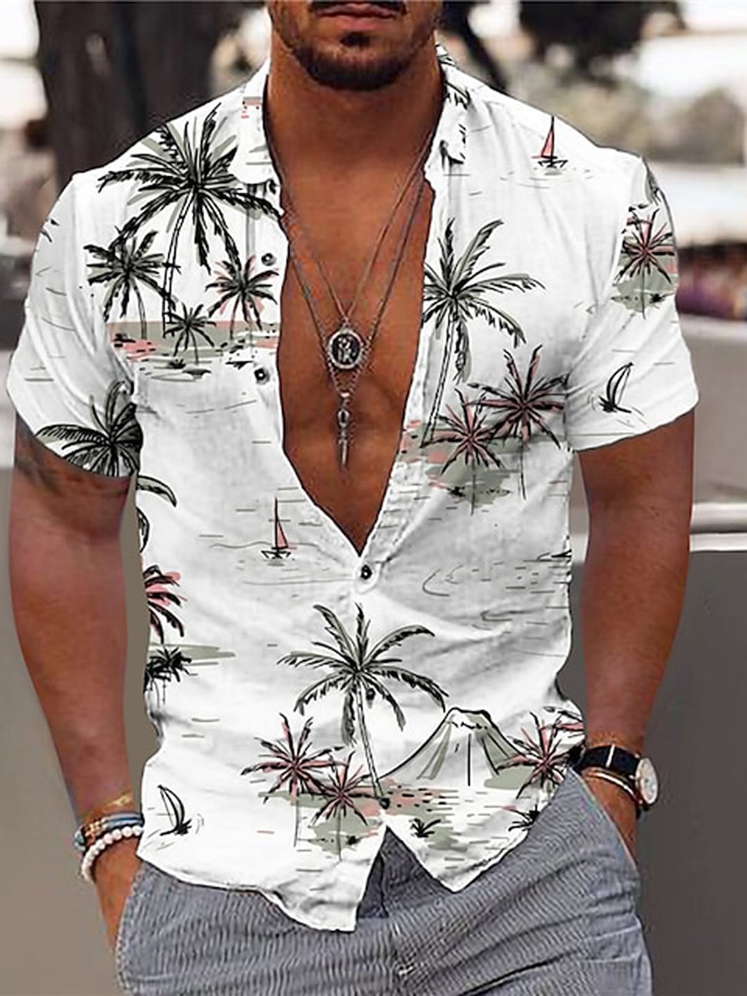 Men's Hawaiian Landscape Palm Tree Print Short Sleeve Shirt