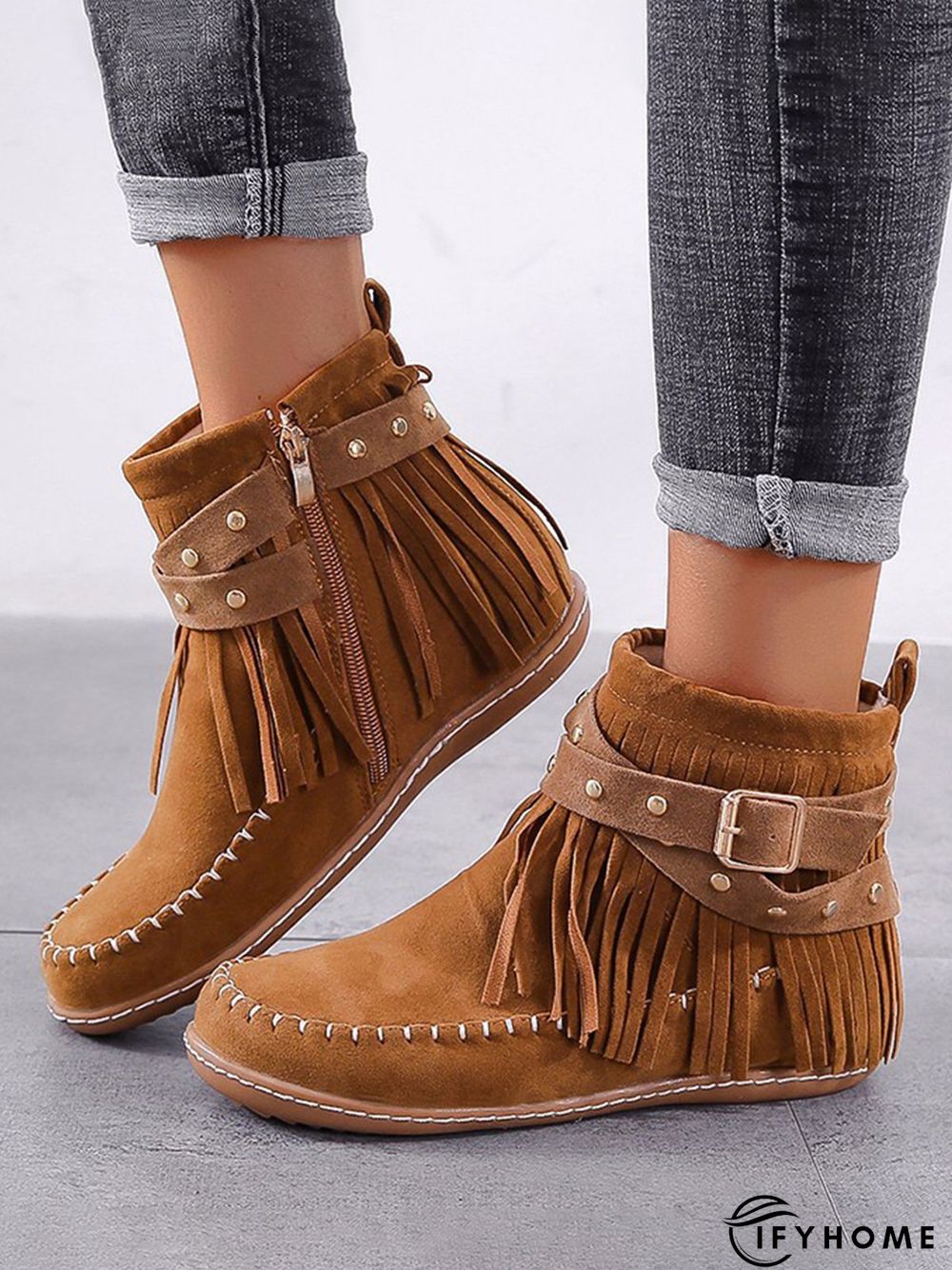 Vintage Fringe Studded Flat Round Toe Buckle Booties | IFYHOME