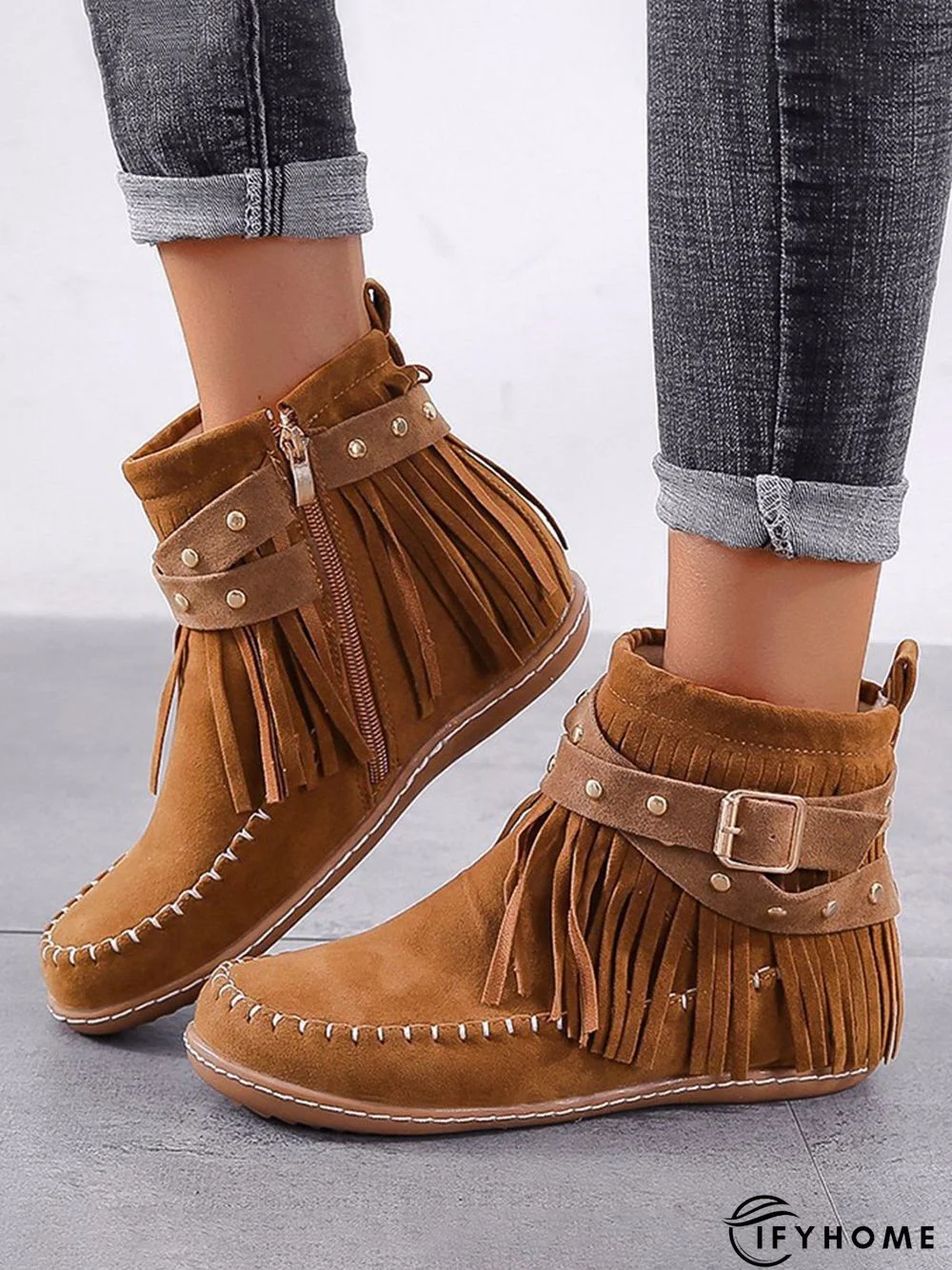Vintage Fringe Studded Flat Round Toe Buckle Booties | IFYHOME