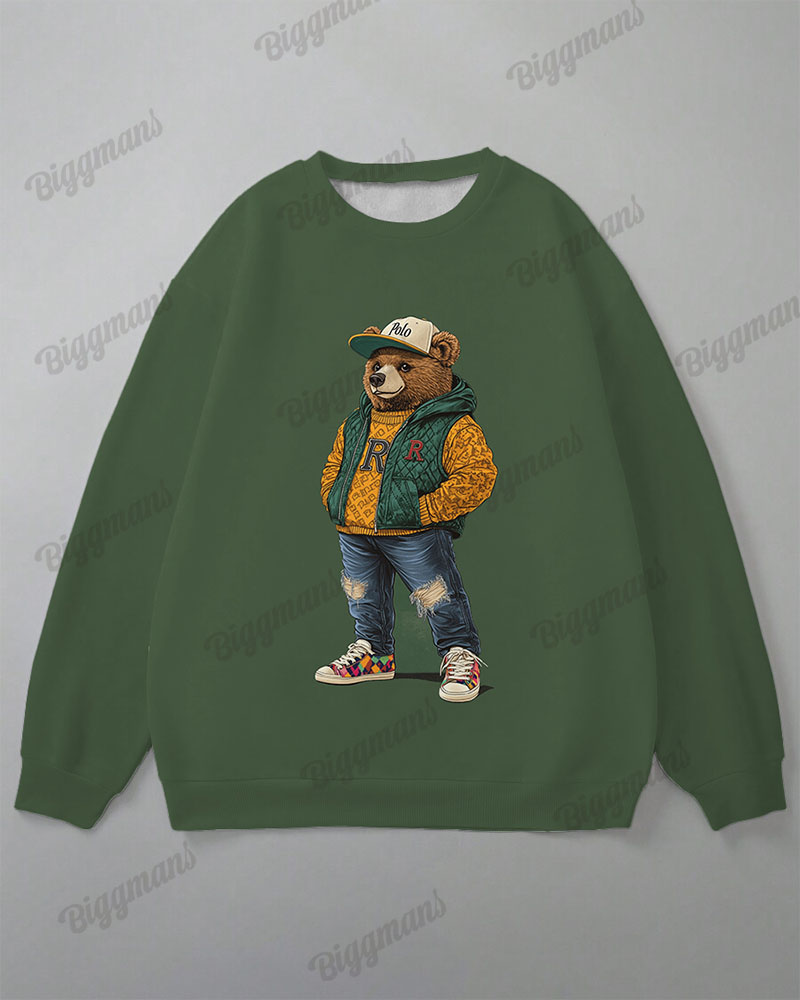 Men's Casual Green Graffiti Bear Alphabet Print Plus Size Sweatshirt Suit