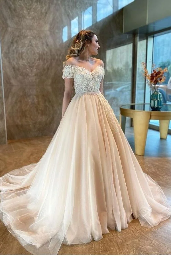 A-Line Sweetheart Off-the-Shoulder Backless Wedding Dress With Tulle Appliques Lace