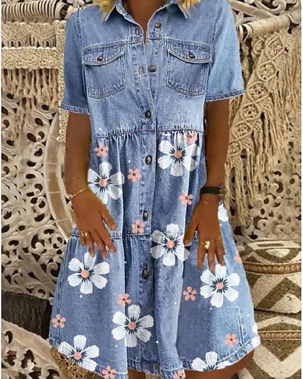Denim Print Button V-Neck Short Sleeve Dress