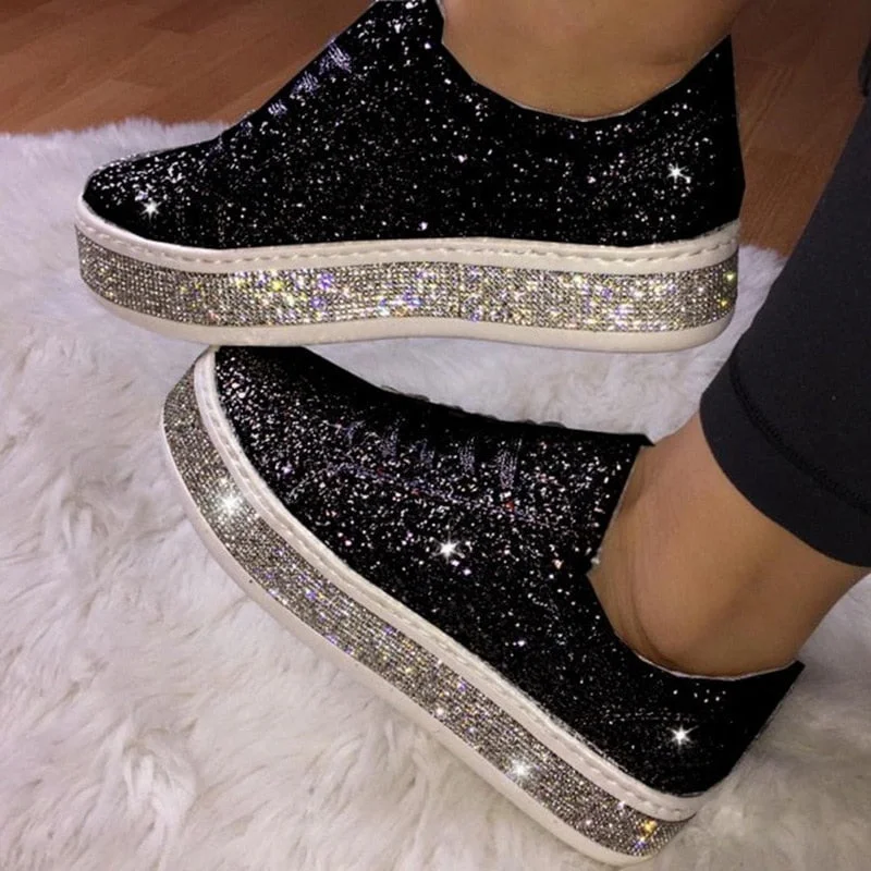 Vstacam  2023 Women Vulcanize Shoes Sneakers Sliver Bling Shoes Girl Flat Glitter Sneakers Casual Female Breathable Lace Up Shoes
