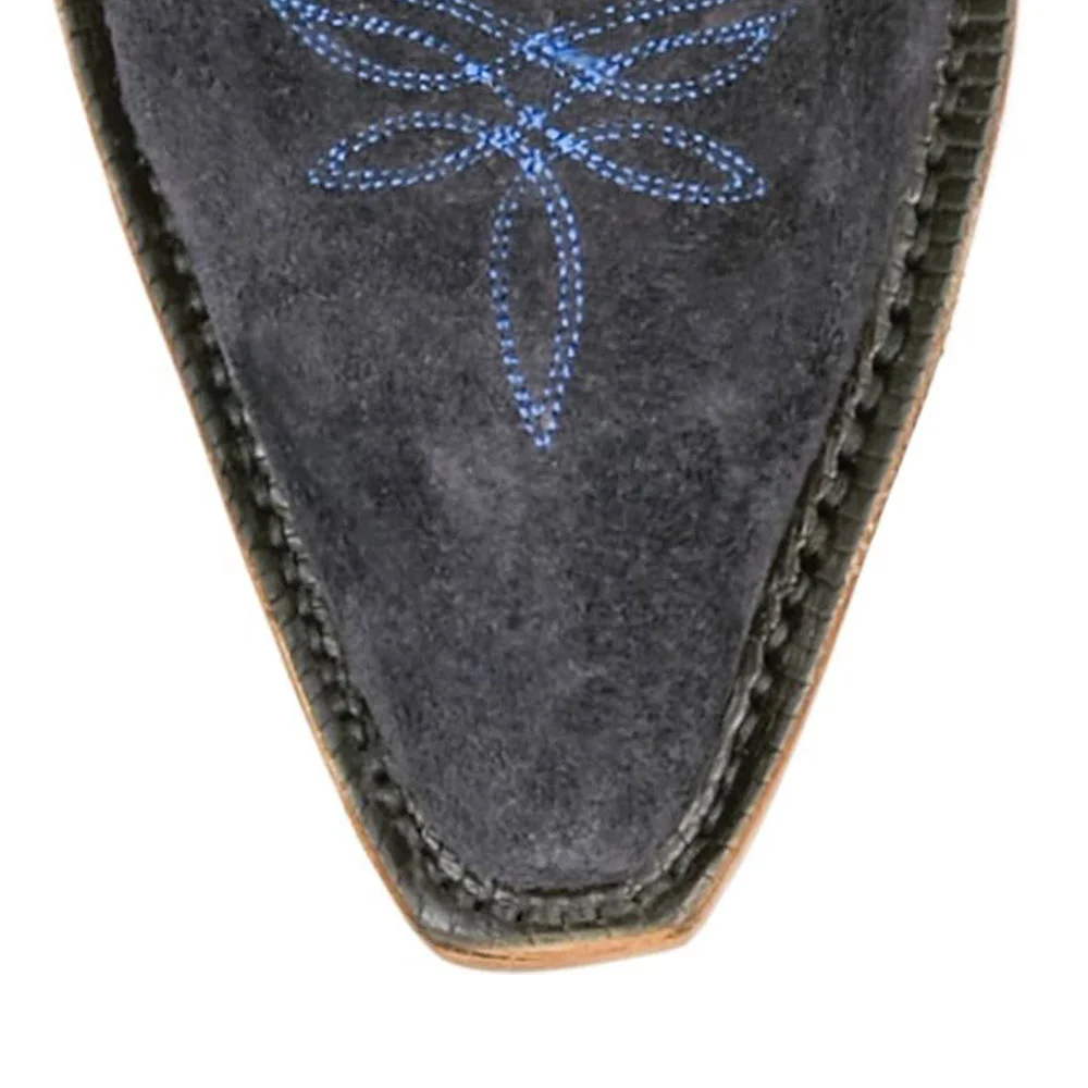 Dark Navy Vegan Suede Chunky Heel Embroidered Western Knee High Boots